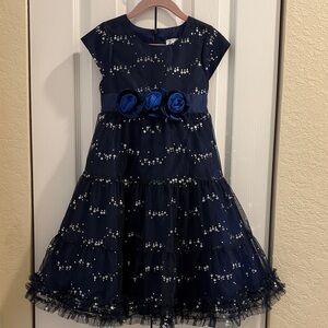 Chic Navy Blue Kids Dress with Rosette Details
